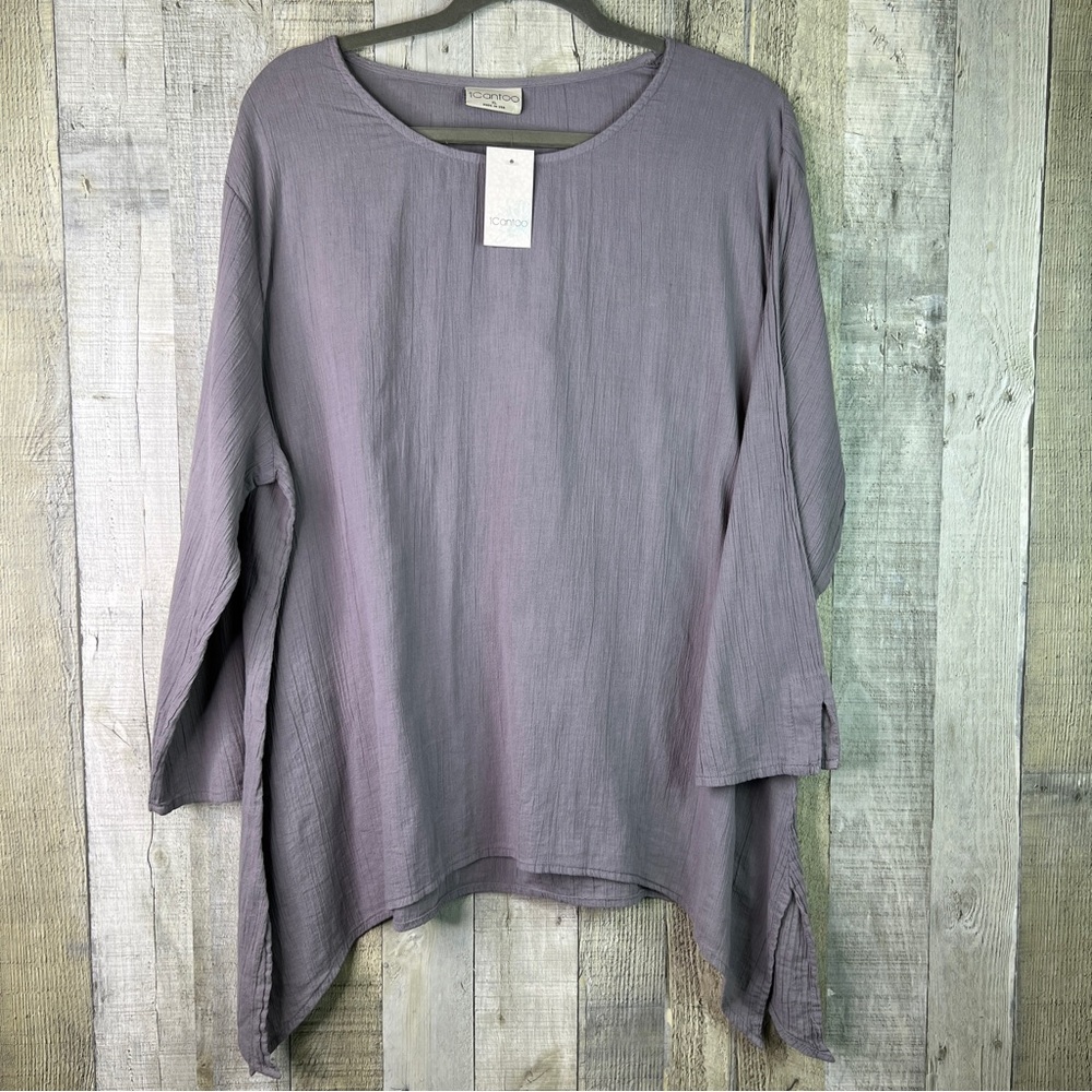 ICANTOO Size XL Gray Crinkle Gray Style Material Crewneck 3/4 Sleeve Tunic Top